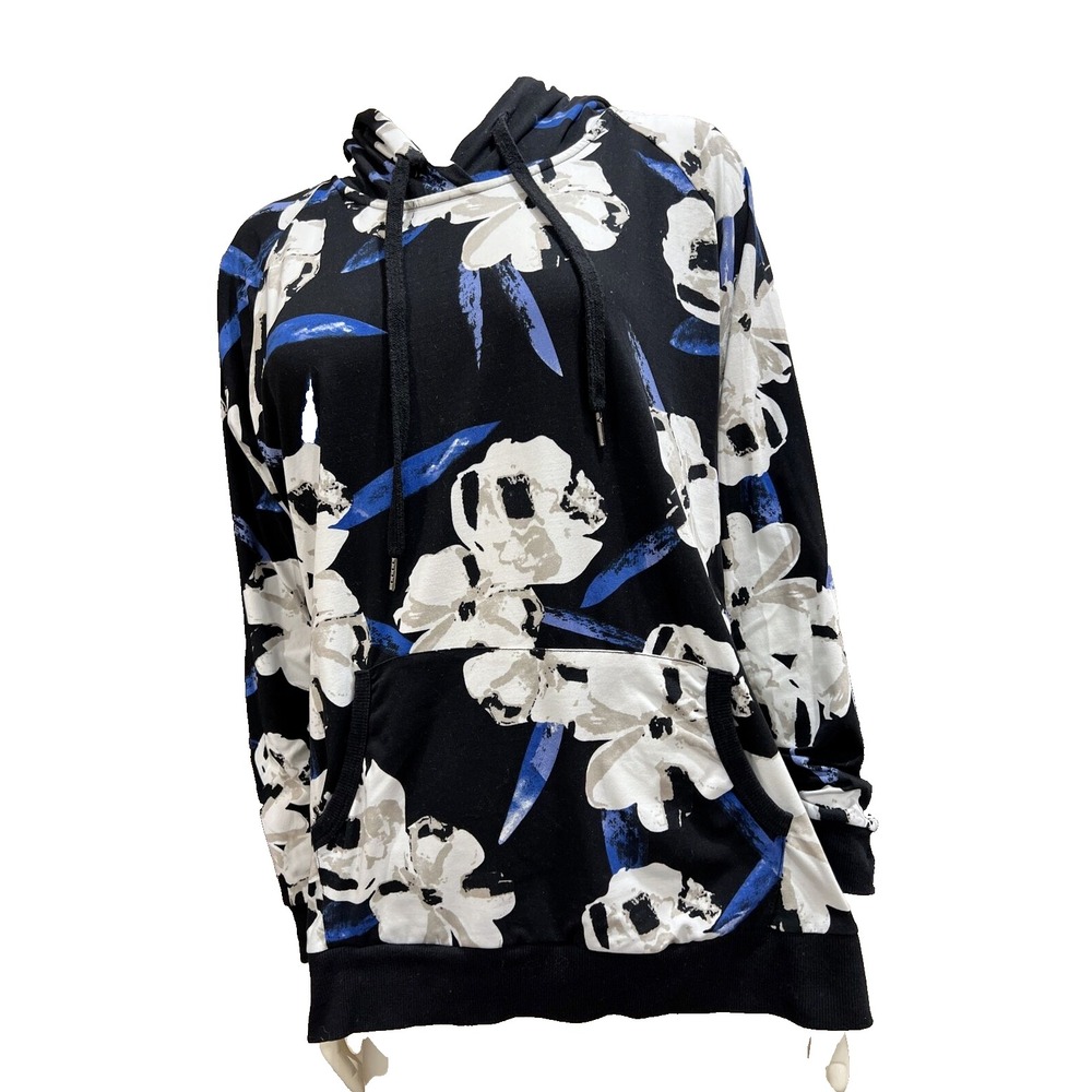LILDY womens L-XL Blue Black ivory Floral super soft hoodie EUC
